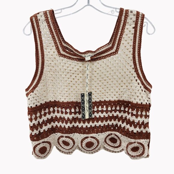 Ultra Pink Womens L Crochet Top Pants Set Boho 2 Piece Outfit Brown Cream Knit - Picture 2 of 11